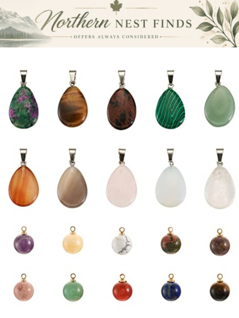 40 Pcs Gemstone Pendants Teardrop Ball Stone Charms for Jewelry Making Necklace